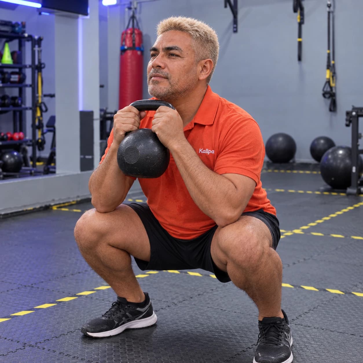 Luchito con polo Kallpa bordado realizando una sentadilla con pesa rusa en el gimnasio