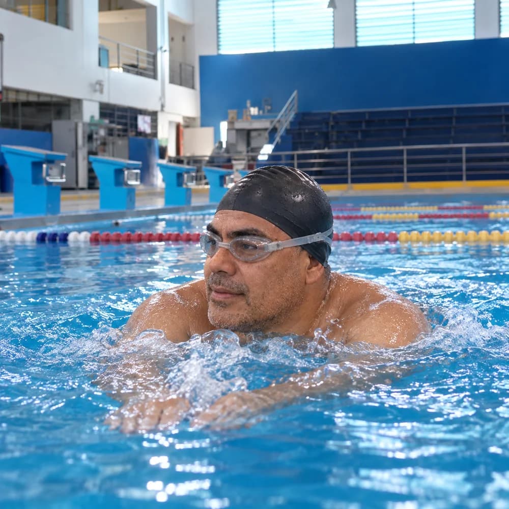 Luchito nadando con gorro en una piscina inspirada en el local del video, con plataformas celestes y graderías azules