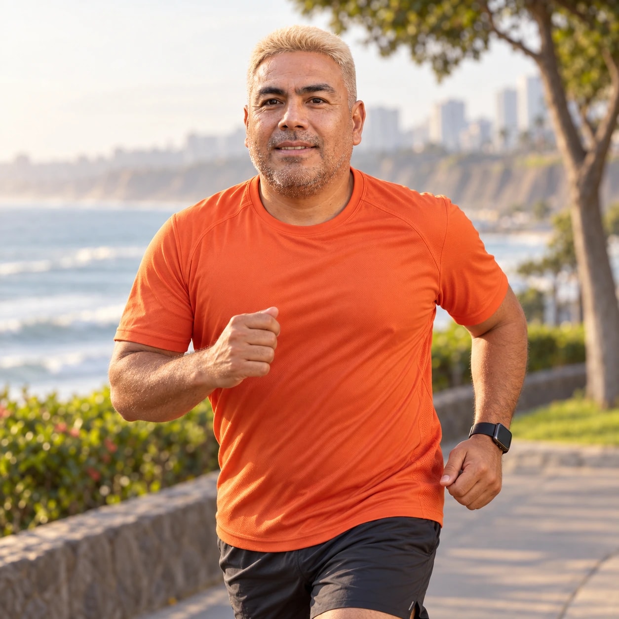 Lucho corriendo junto al mar con un smartwatch